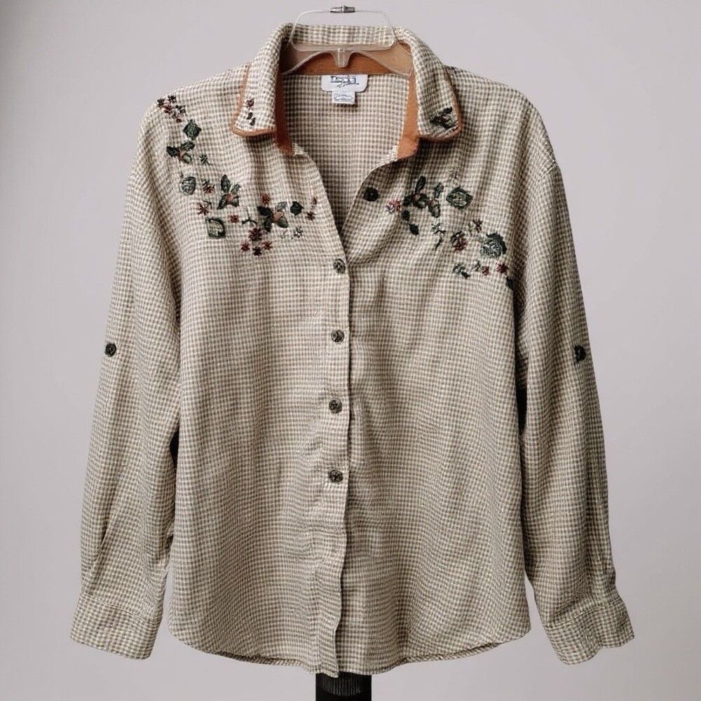 Women's Teddi Blouse Plaid Brown & White VTG Acorns & Leaves Embroidered EUC Med